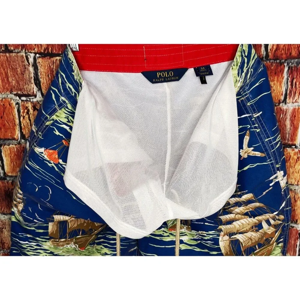 Polo Ralph Lauren Swimwear Trunks Board Shorts Sailboat Ocean Blue Pockets Sz 34